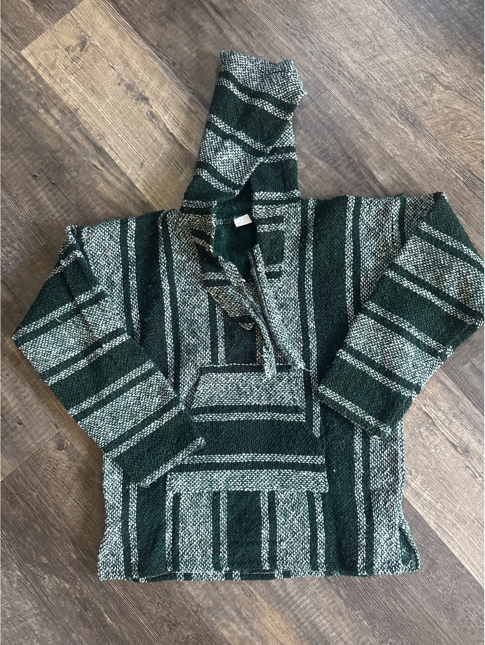 Handmade Baja Hoodie in Green and White Stripes, Size Medium